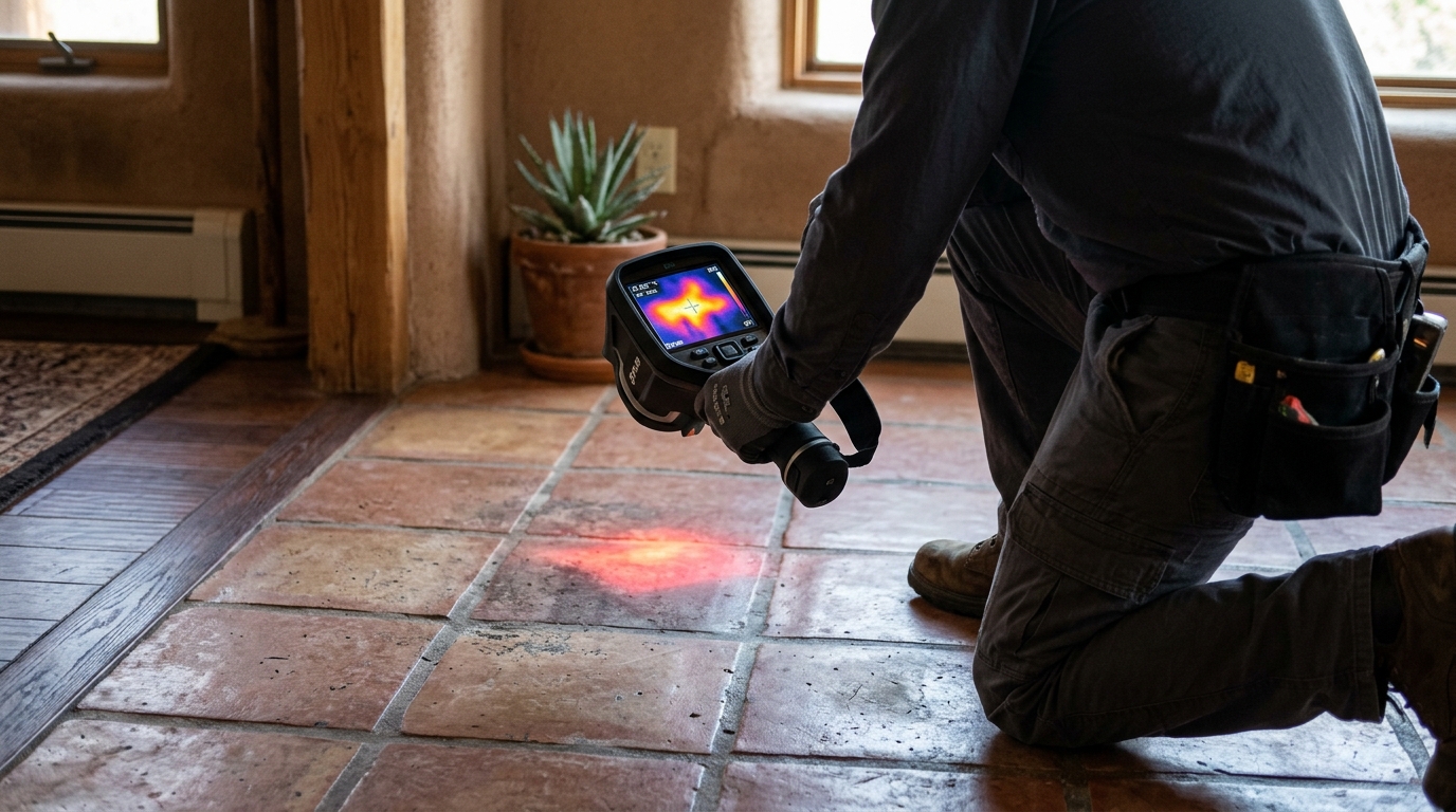 Thermal imaging scan revealing high-temperature radiant hot spot on residential tile floor caused by under-slab hot water line rupture in Manteca