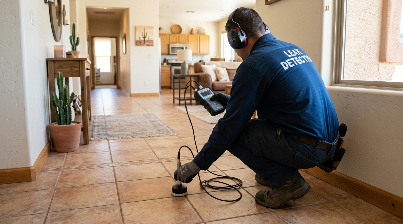 Plumbing technician utilizing precision acoustic diagnostic equipment to locate an active water leak under a residential concrete slab in Manteca California
